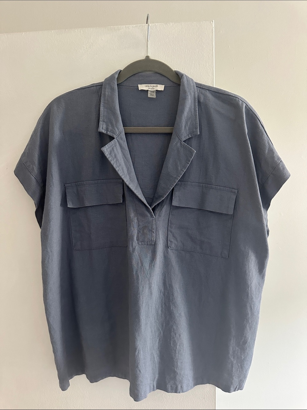 Cable & Gauge Slate Blue Short Sleeve Camp Collar Blouse